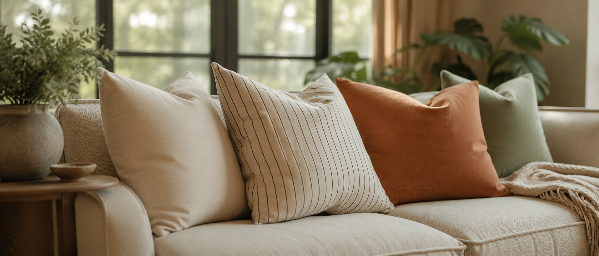 Soft cushions and blankets arranged in a comfortable home